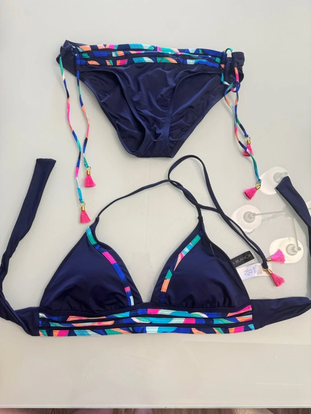 La Blanca Navy Bikini with Multicolor Trim and Tassel Ties - Picture 9 of 11